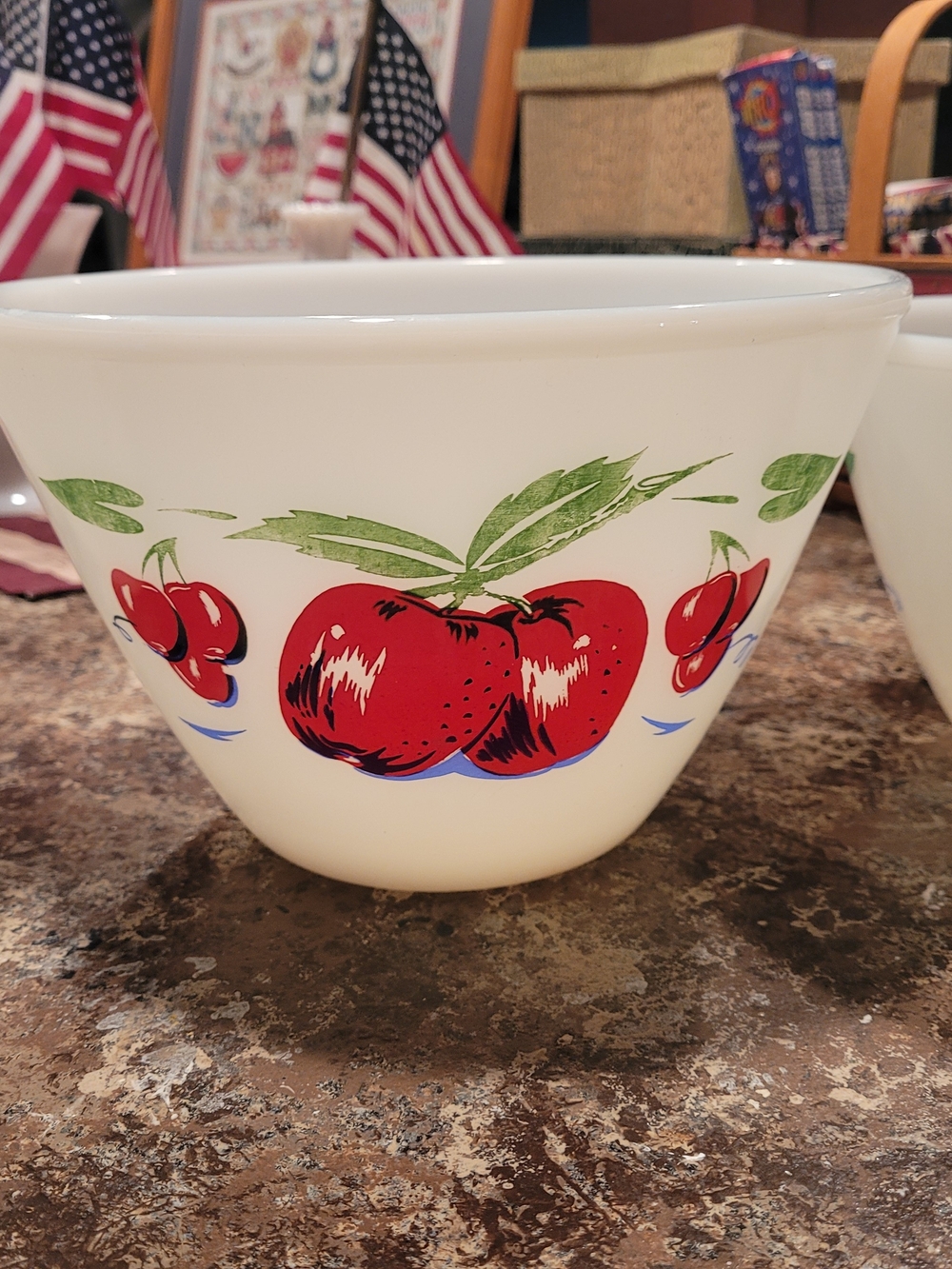 vintage Fire-King "Apples and Cherries" Milk Glass mixing bowls. Set Of 3. - Picture 5 of 16